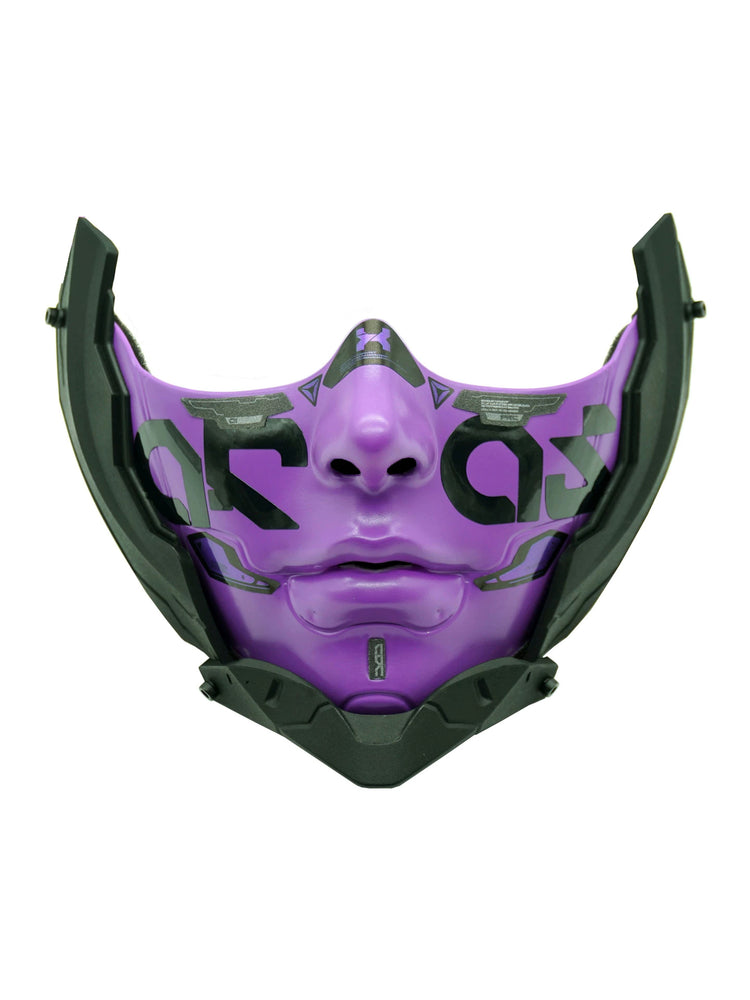 FOCKSHOP sharp-chin mask — purple 1a solo front view showing the sculpted face, frame and pointed chin.