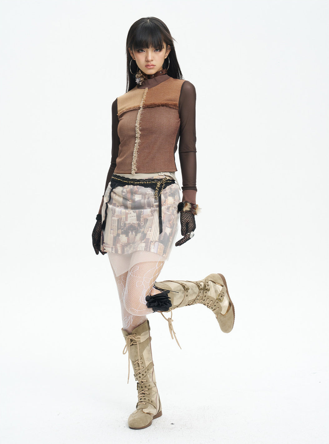 NEXT PASSPORT HAZY CITY mesh double-waist mini skirt — front studio view highlighting the double waist.