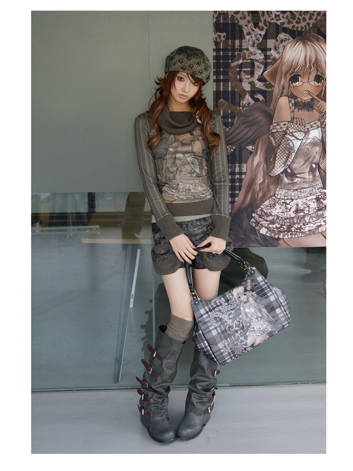 4RE1GN COMIC STRIPE scarf-neck long-sleeve tee in olive green — full-length modeled view styled with knit-pocket shorts and boots
