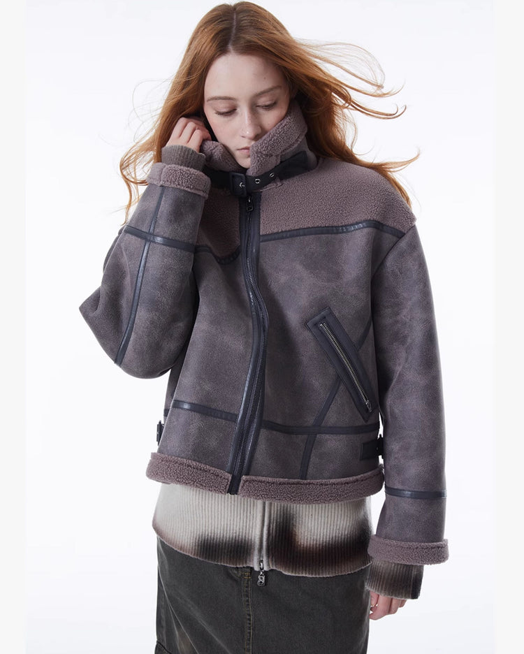 ERRORCODE ROBOT gray-purple paneled faux-shearling jacket, front view with collar raised