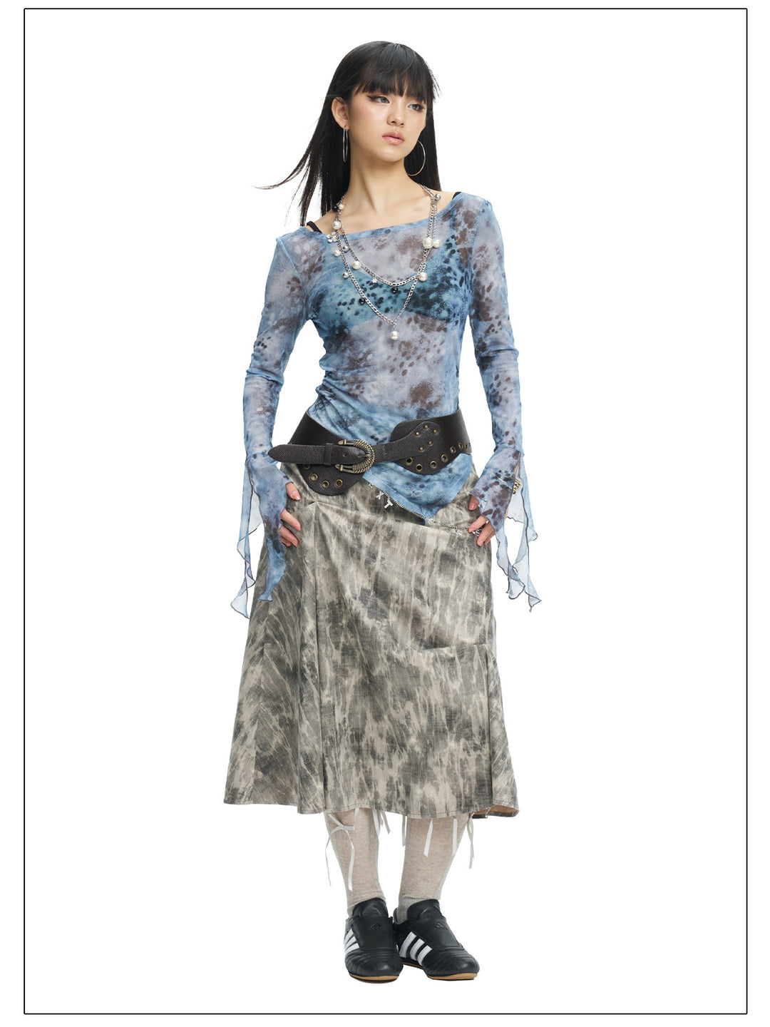 NEXT PASSPORT blue-gray printed mesh asymmetric long-sleeve top, photo 6