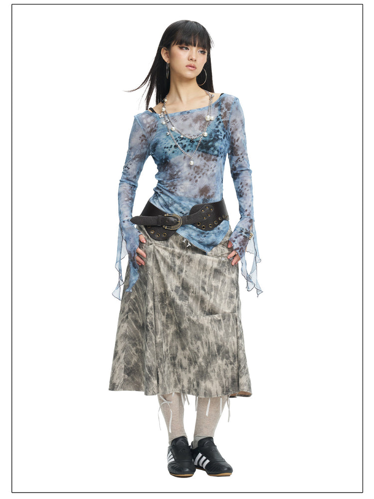 NEXT PASSPORT blue-gray printed mesh asymmetric long-sleeve top, photo 6
