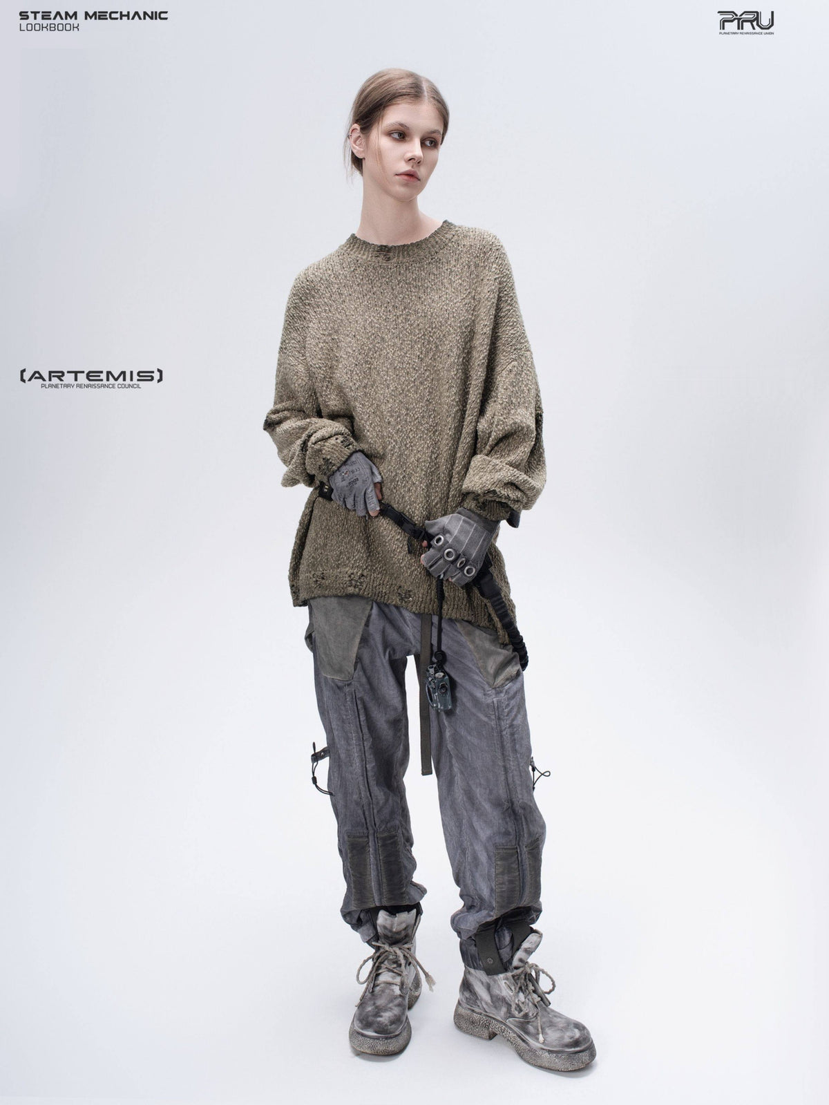 ARTEMIS distressed reversible knit sweater, mercury brown, three-quarter full outfit view