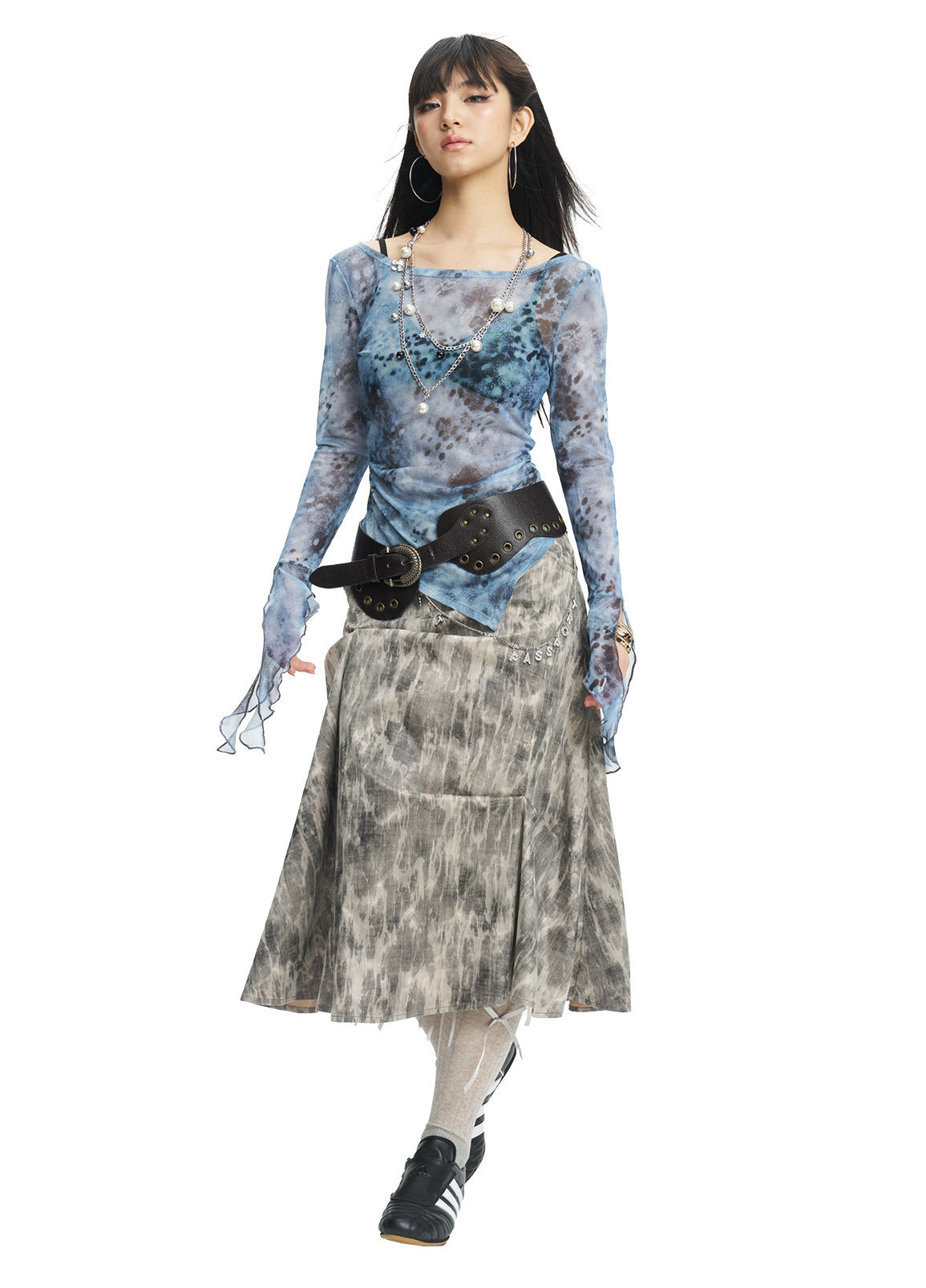NEXT PASSPORT gray crinkled-print midi skirt flat-lay front view.