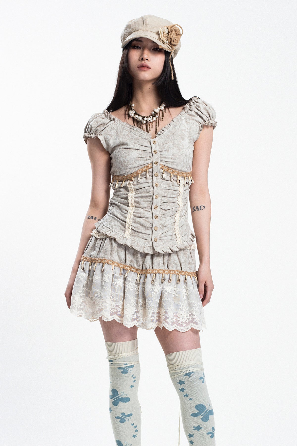 4RE1GN SHELL jacquard blouse and lace skirt separates in ivory — front studio modeled view with arms down