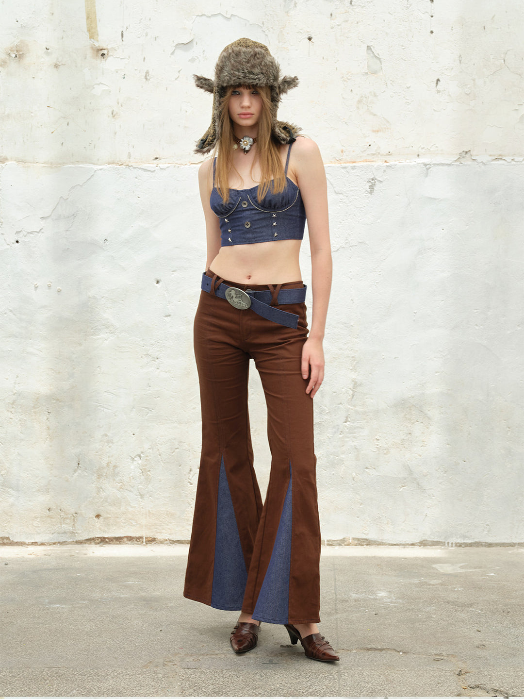 NEXT PASSPORT studded ruched denim camisole top — full-length front styling