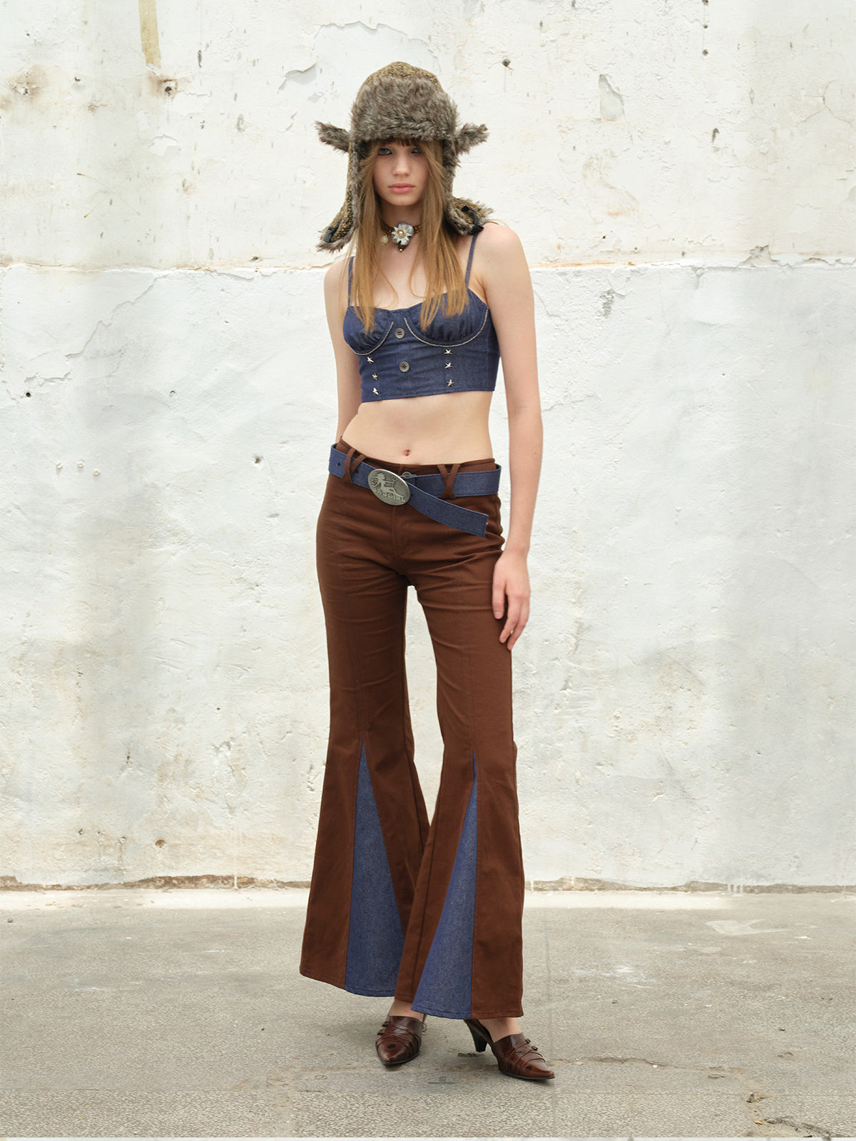 NEXT PASSPORT studded ruched denim camisole top — full-length front styling