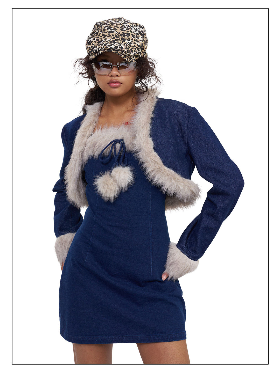 NEXT PASSPORT denim faux-fur cardigan cardigan studio view.