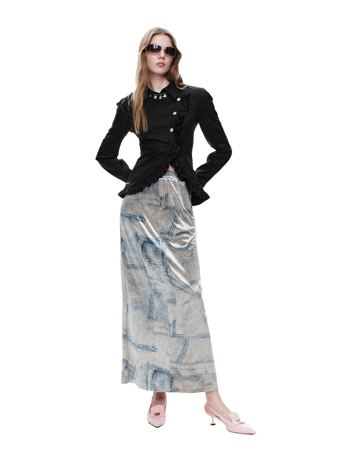 NEXT PASSPORT silver-gray faux-denim velvet midi skirt styling