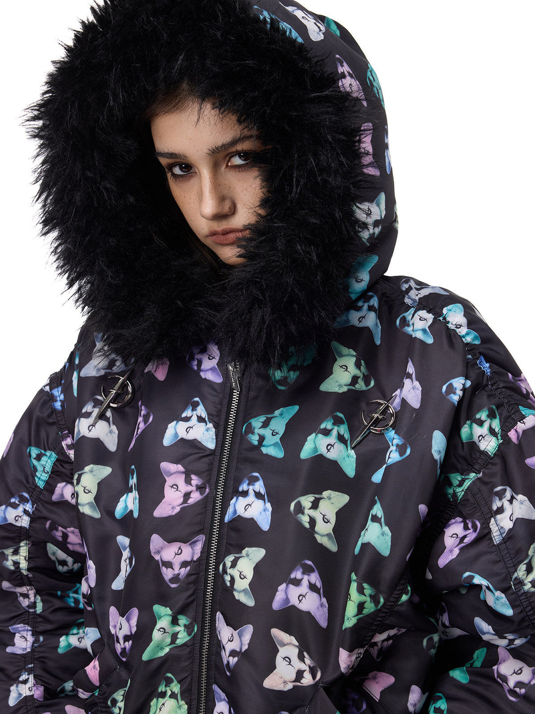 PINKSPINK CAT ALIEN faux-fur collar padded jacket — angled close modeled view of the fluffy hood and multicolor cat print