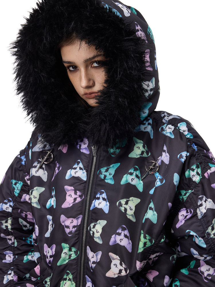 PINKSPINK CAT ALIEN faux-fur collar padded jacket — angled close modeled view of the fluffy hood and multicolor cat print