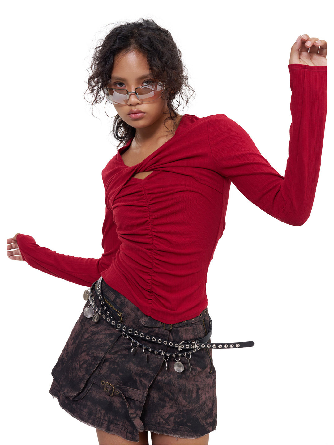 NEXT PASSPORT cross-neck ruched long-sleeve tee in red, alternate modeled view