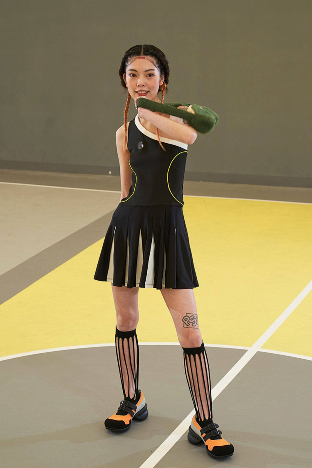 NEXT PASSPORT MULTIPASS cutout knee-high socks — black knee-high socks in a full-body modeled front view.