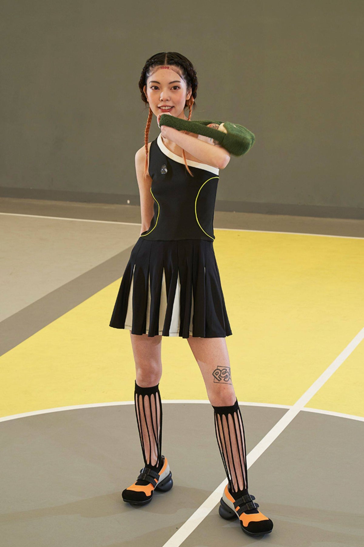 NEXT PASSPORT MULTIPASS cutout knee-high socks — black knee-high socks in a full-body modeled front view.