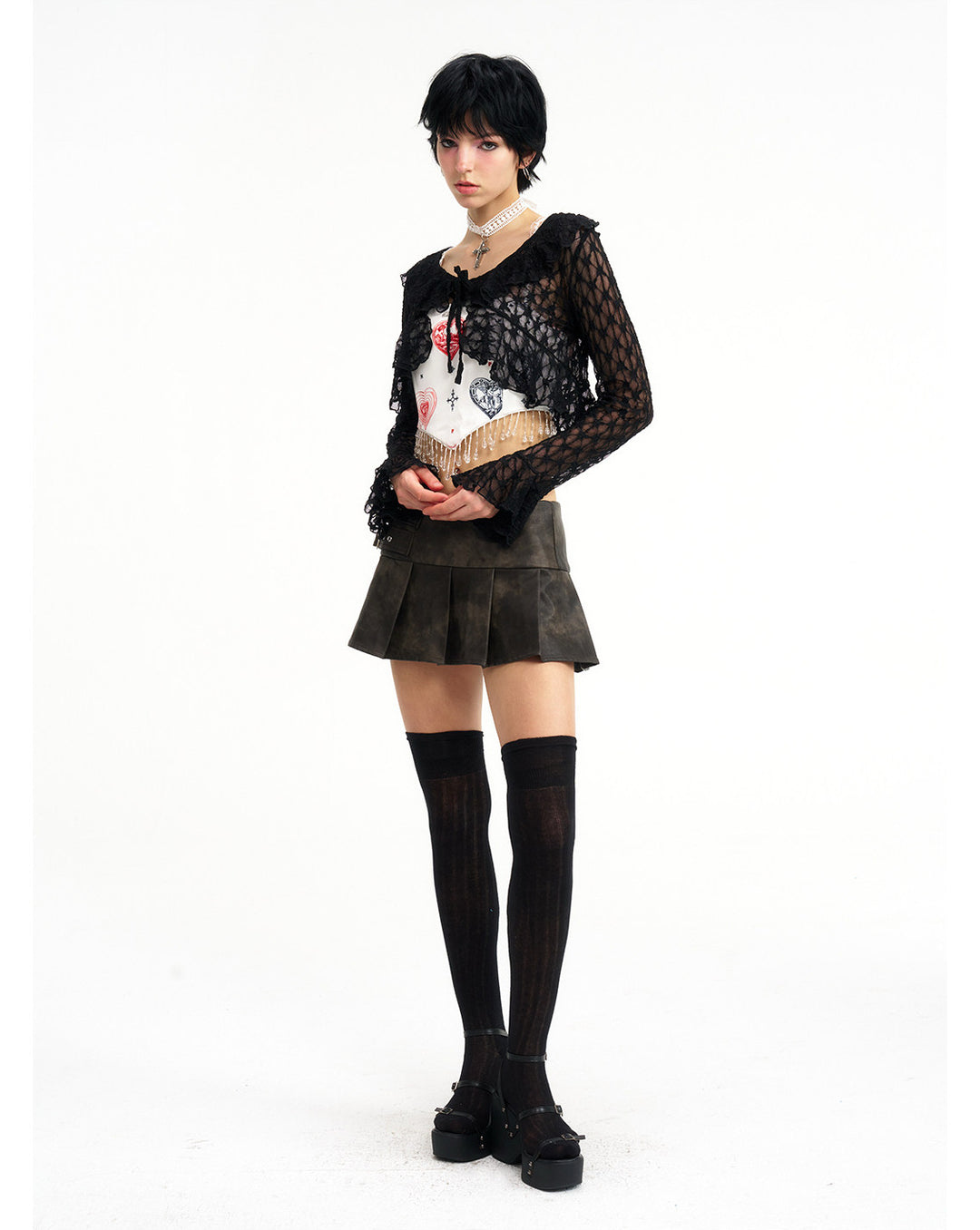 NEXT PASSPORT black lace cropped cardigan — front three-quarter styling view.