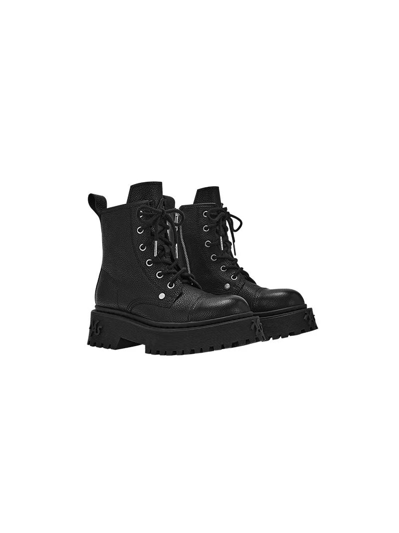 NAWS PORCELAIN GLOW platform leather moto boots — Moore Black platform leather moto boots, angled pair view