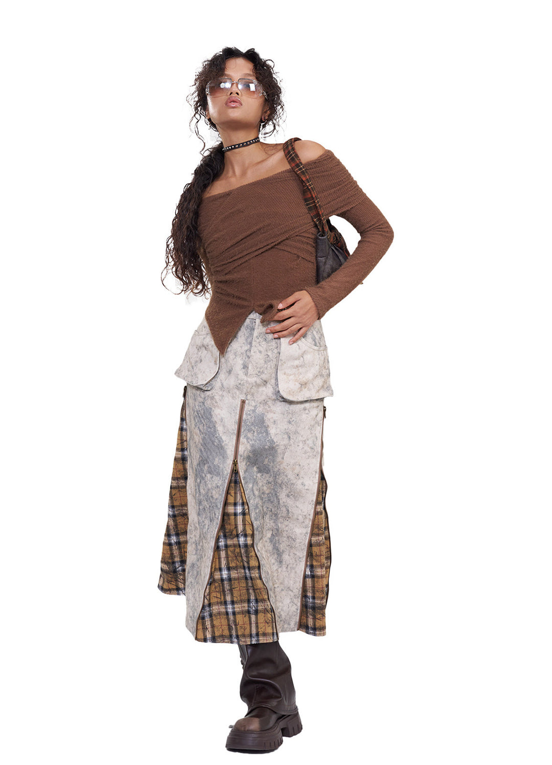 NEXT PASSPORT dark-brown twisted off-shoulder long-sleeve tee, white-background side pose