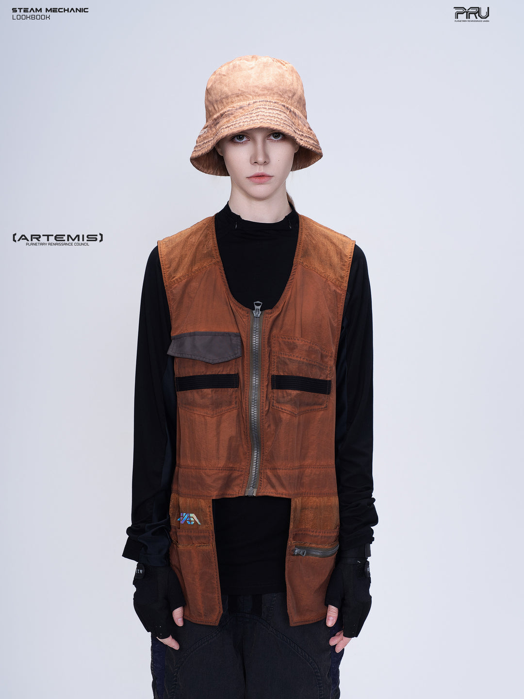 PIONEER sedna-red multi-pocket vest, front view styled with a bucket hat and dark inner layer