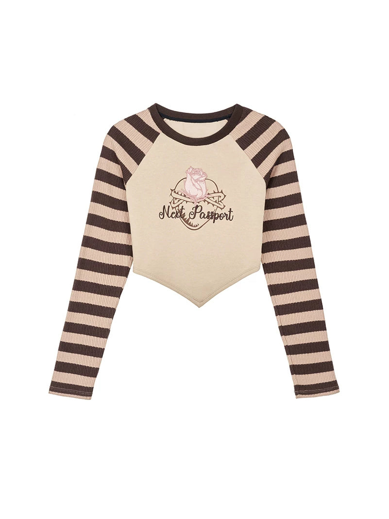 NEXT PASSPORT striped embroidered raglan crop top — black-gray flat lay