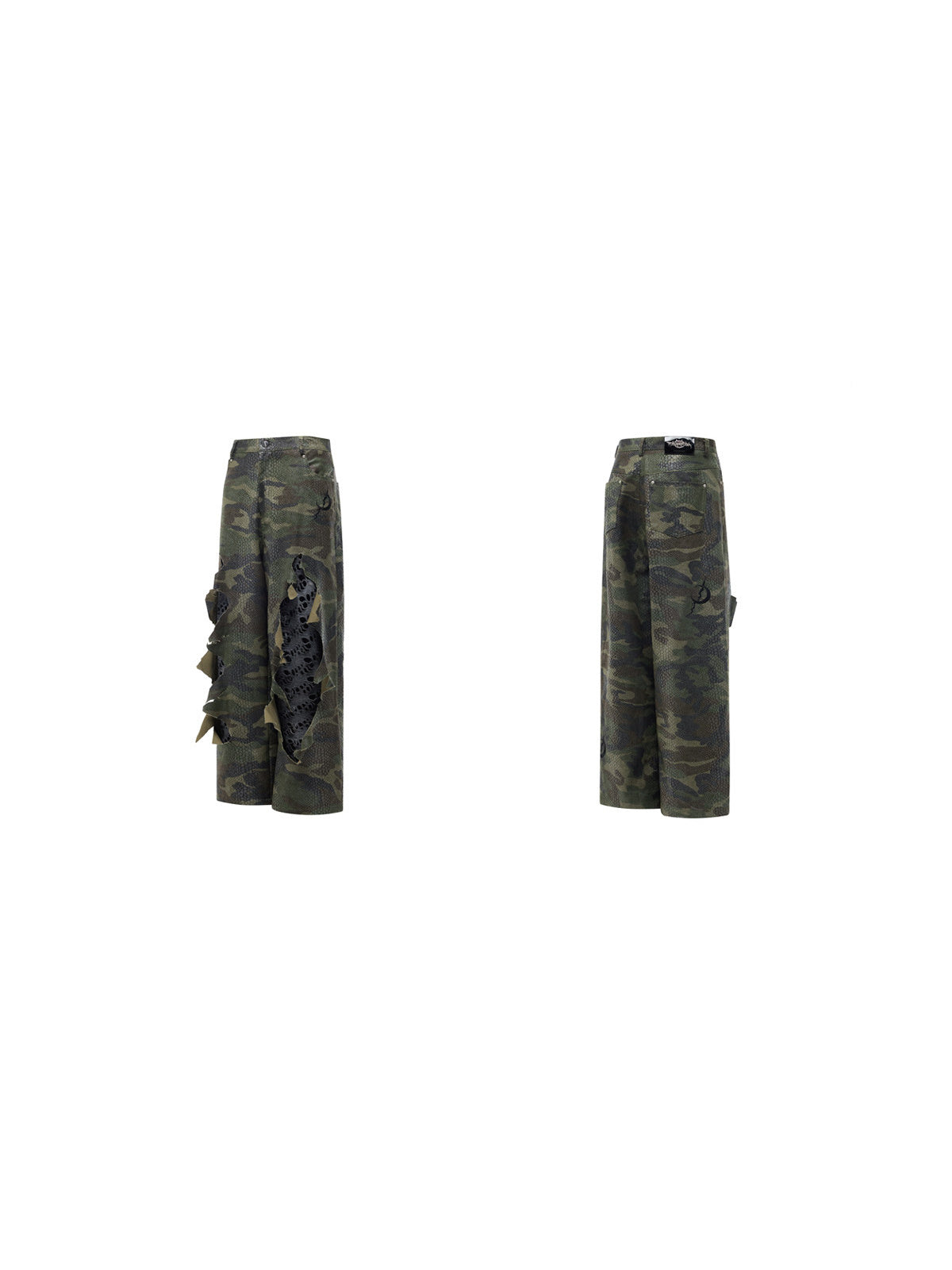 PINKSPINK DOUBLE STACK distressed camouflage wide-leg jeans — front and back garment views on a plain white background