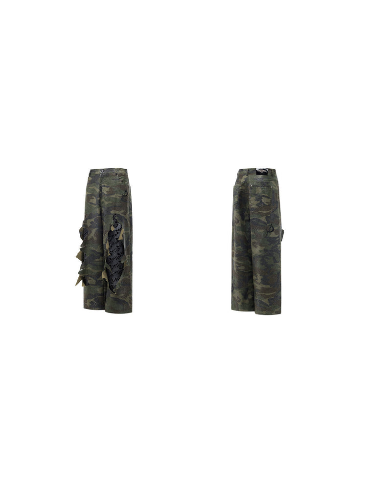 PINKSPINK DOUBLE STACK distressed camouflage wide-leg jeans — front and back garment views on a plain white background