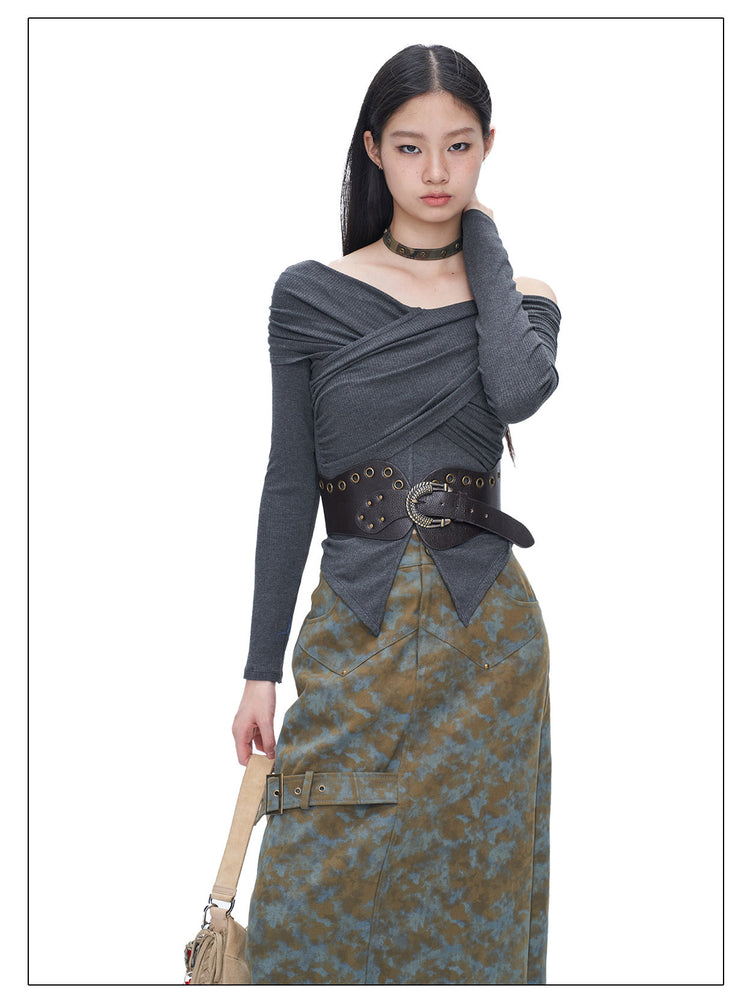 NEXT PASSPORT gray cross-pleated off-shoulder top — view 6