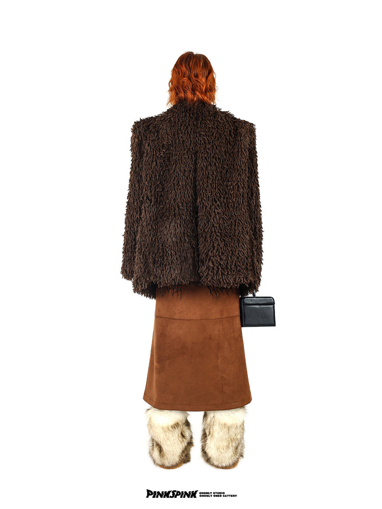 PINKSPINK caramel shaggy padded-shoulder jacket — full-length back modeled view