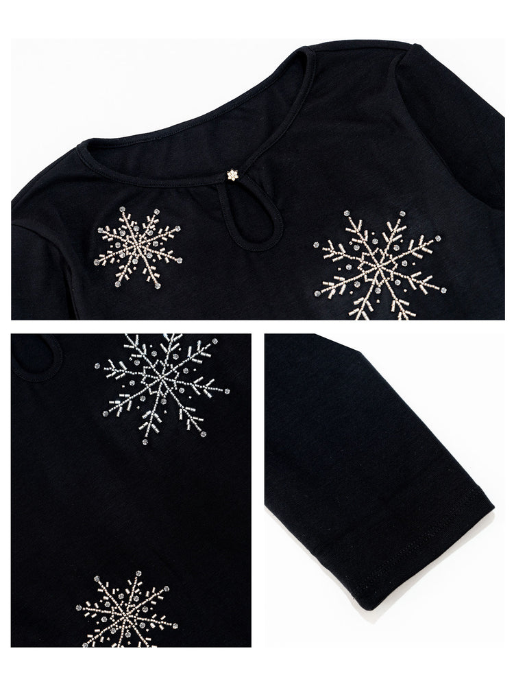 NEXT PASSPORT black rhinestone-snowflake keyhole long-sleeve tee, neckline and rhinestone details