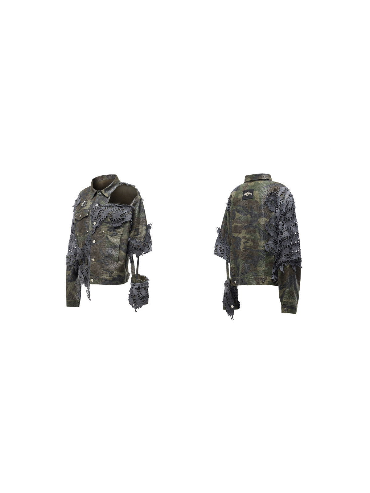 PINKSPINK ELECTRIC MOON distressed camouflage denim jacket — front and back garment views on a plain white background