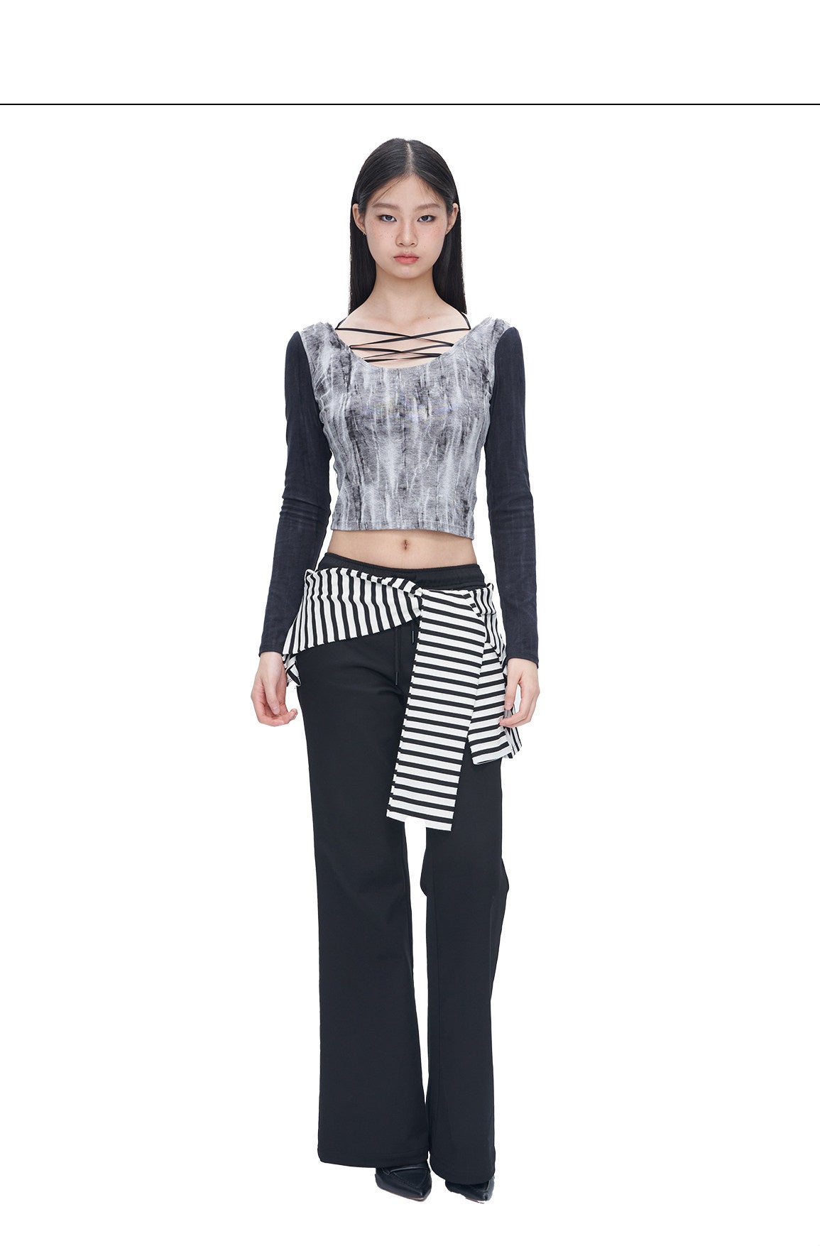 Full-length studio view of the black tie-dye lace-up U-neck crop tee.