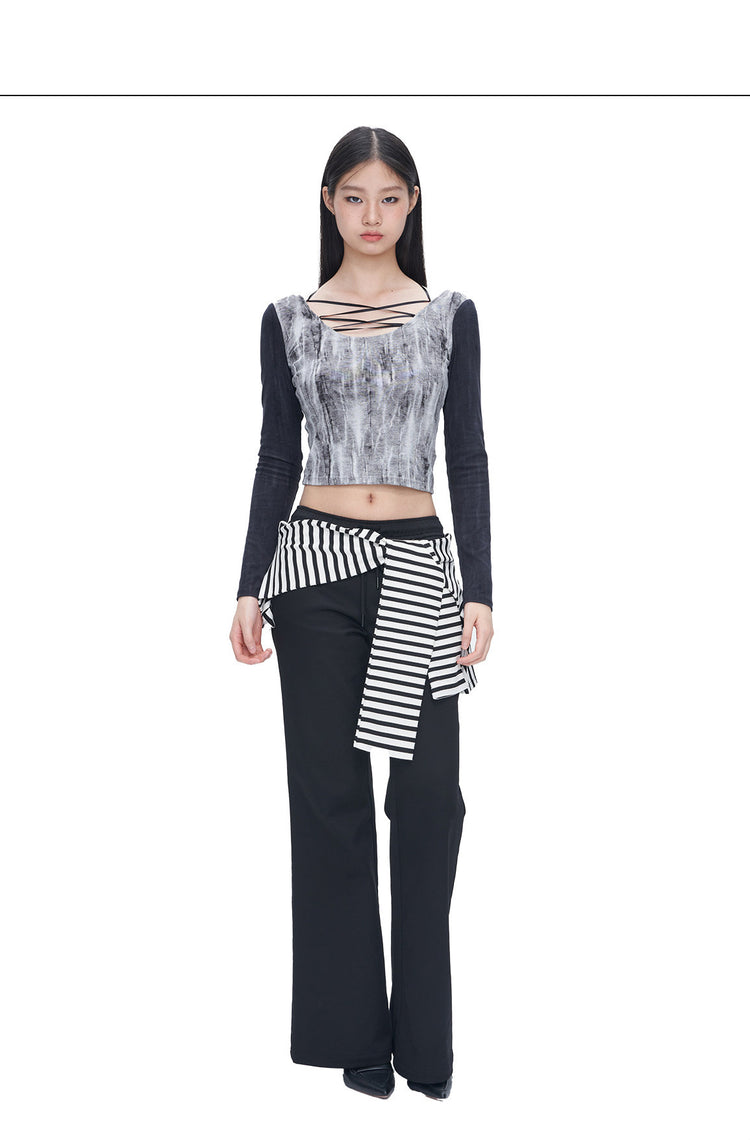 Full-length studio view of the black tie-dye lace-up U-neck crop tee.