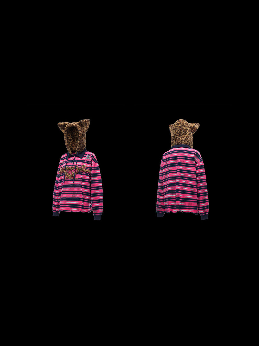 PINKSPINK CAT ALIEN leopard-ear striped hoodie — front and back garment views on a plain black background