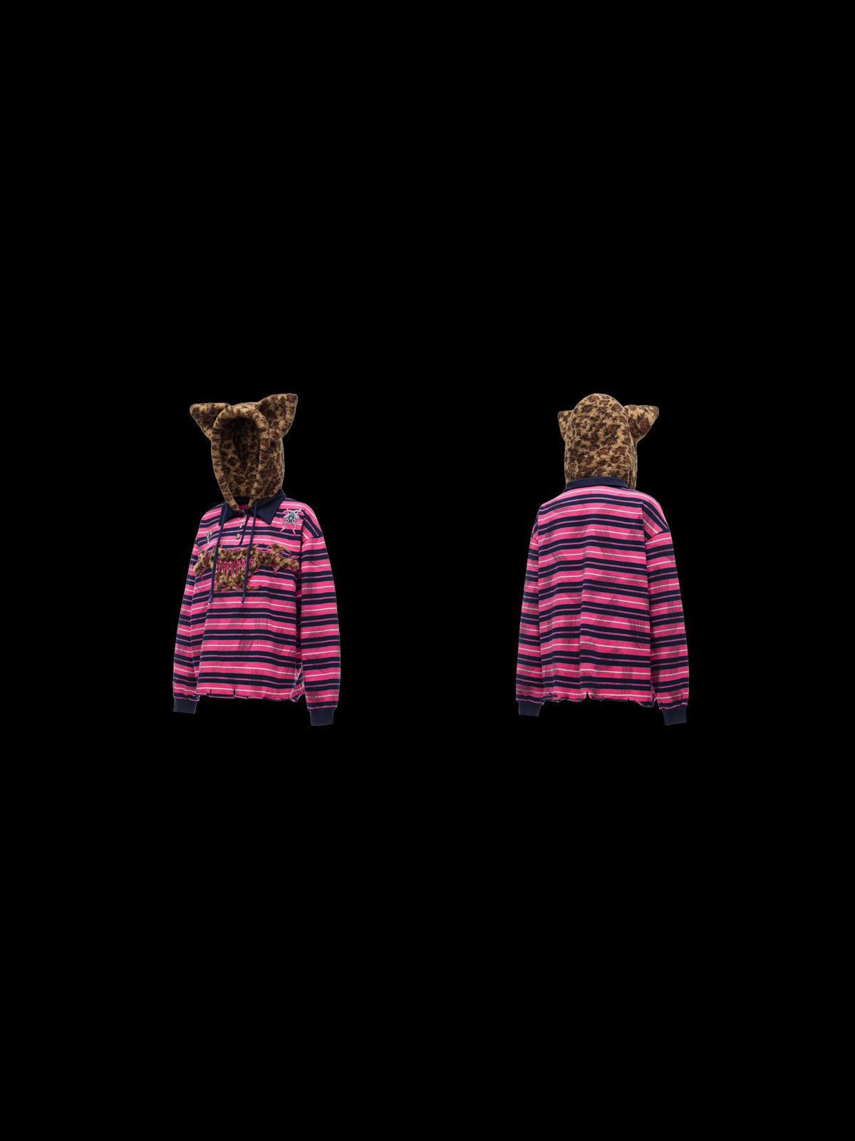PINKSPINK CAT ALIEN leopard-ear striped hoodie — front and back garment views on a plain black background