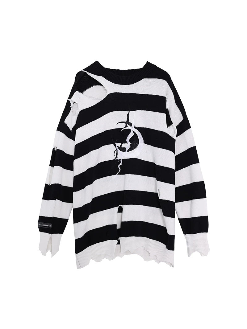 PINKSPINK ELECTRIC MOON distressed striped sweater in BLACK WHITE STRIPE — garment-only front and rear view on black.