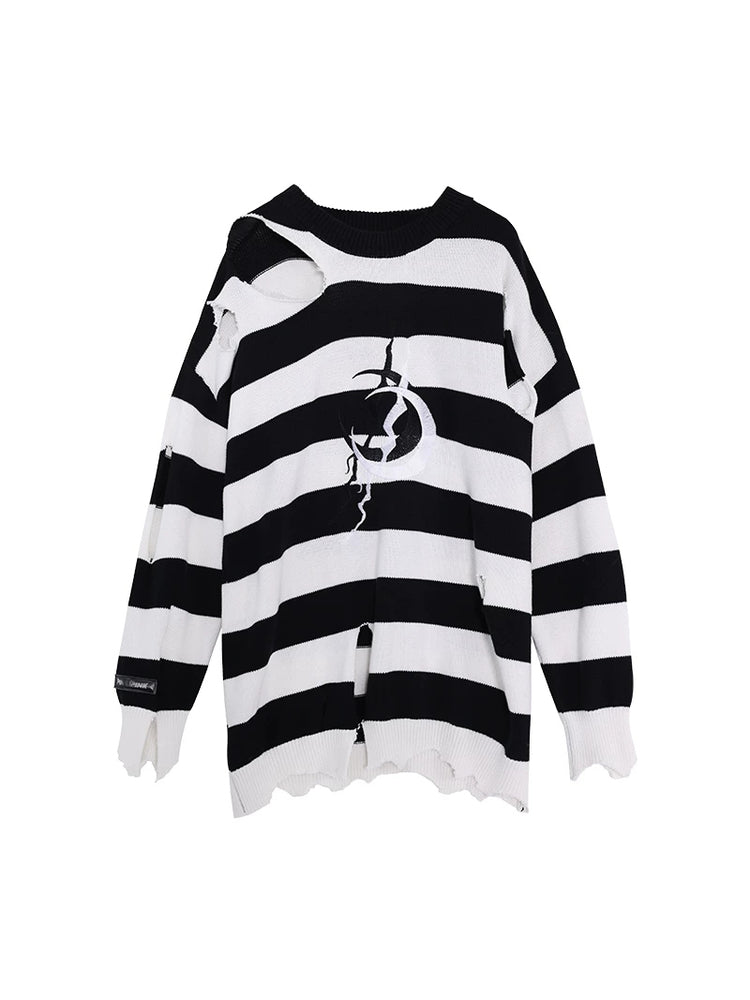 PINKSPINK ELECTRIC MOON distressed striped sweater in BLACK WHITE STRIPE — garment-only front and rear view on black.