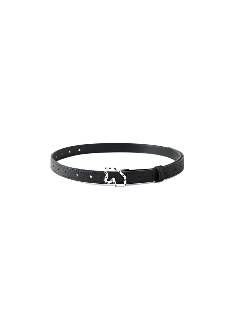 NAWS MONTAIGNE horseshoe leather belt — black leather belt with silver-tone horseshoe buckle, product-only view