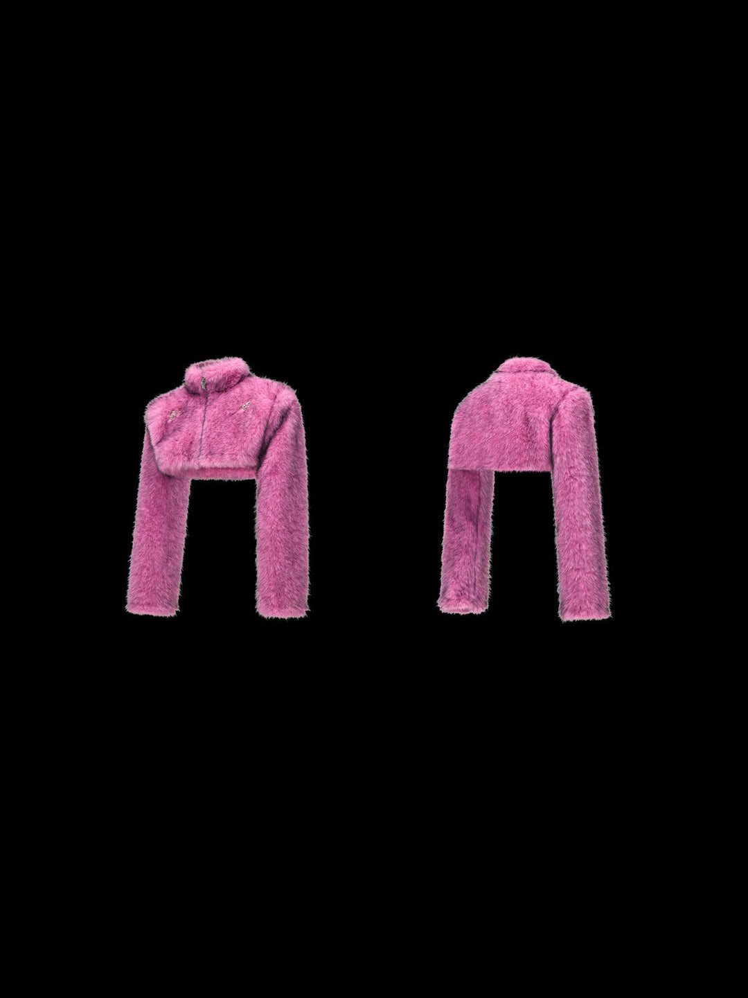 PINKSPINK ELECTRIC MOON gradient faux-fur cropped jacket — front and back garment views on a plain black background