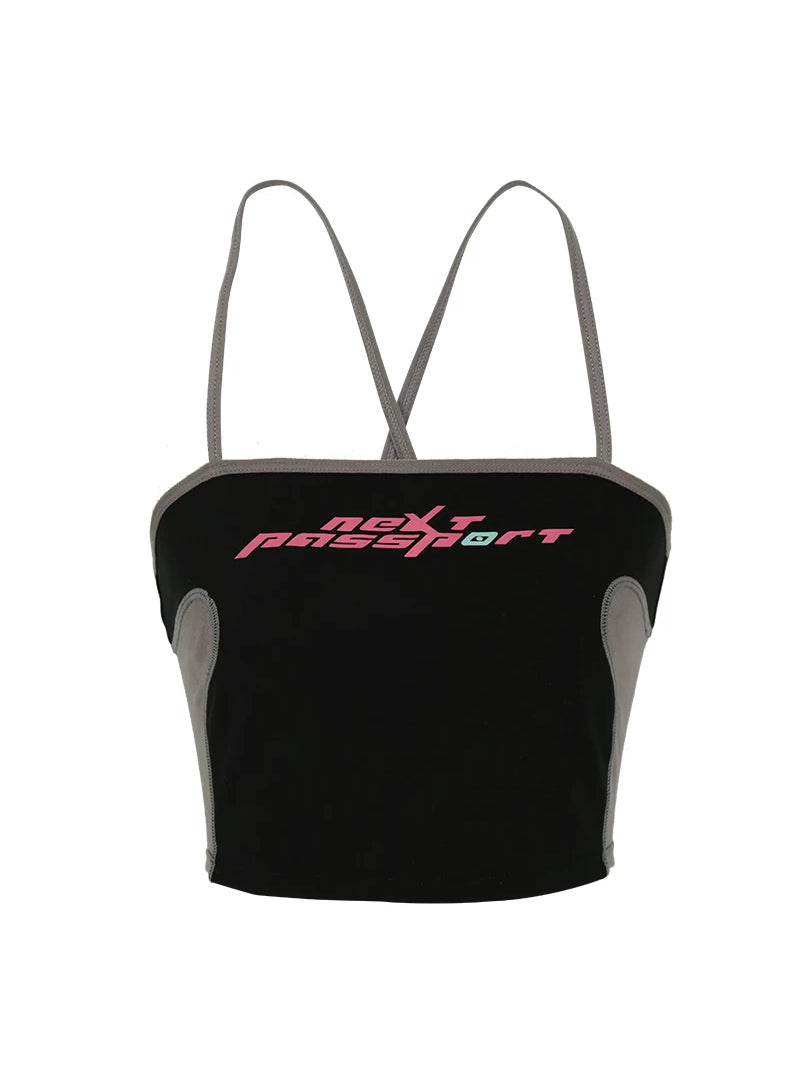 NEXT PASSPORT RETROFUTURE color-block crop camisole — black garment-only front view with gray side panels and pink chest logo.