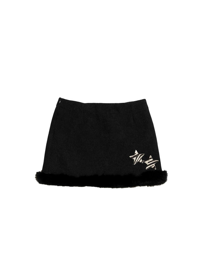 NEXT PASSPORT black corduroy faux-fur trim mini skirt — flat lay