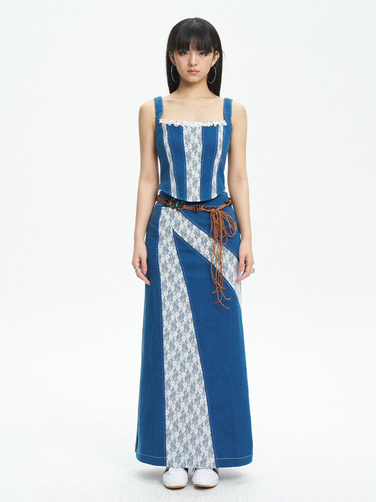 NEXT PASSPORT blue lace-panel denim vest — full front look.