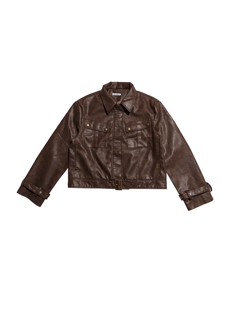 Brown distressed faux-leather moto jacket in a front garment-only flat-lay view