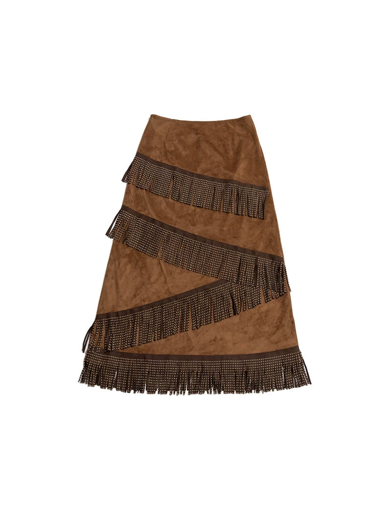 NEXT PASSPORT brown faux-suede fringe maxi skirt flat lay front view