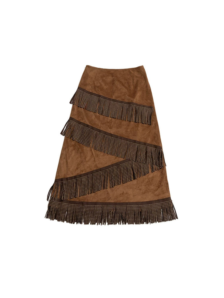NEXT PASSPORT brown faux-suede fringe maxi skirt flat lay front view