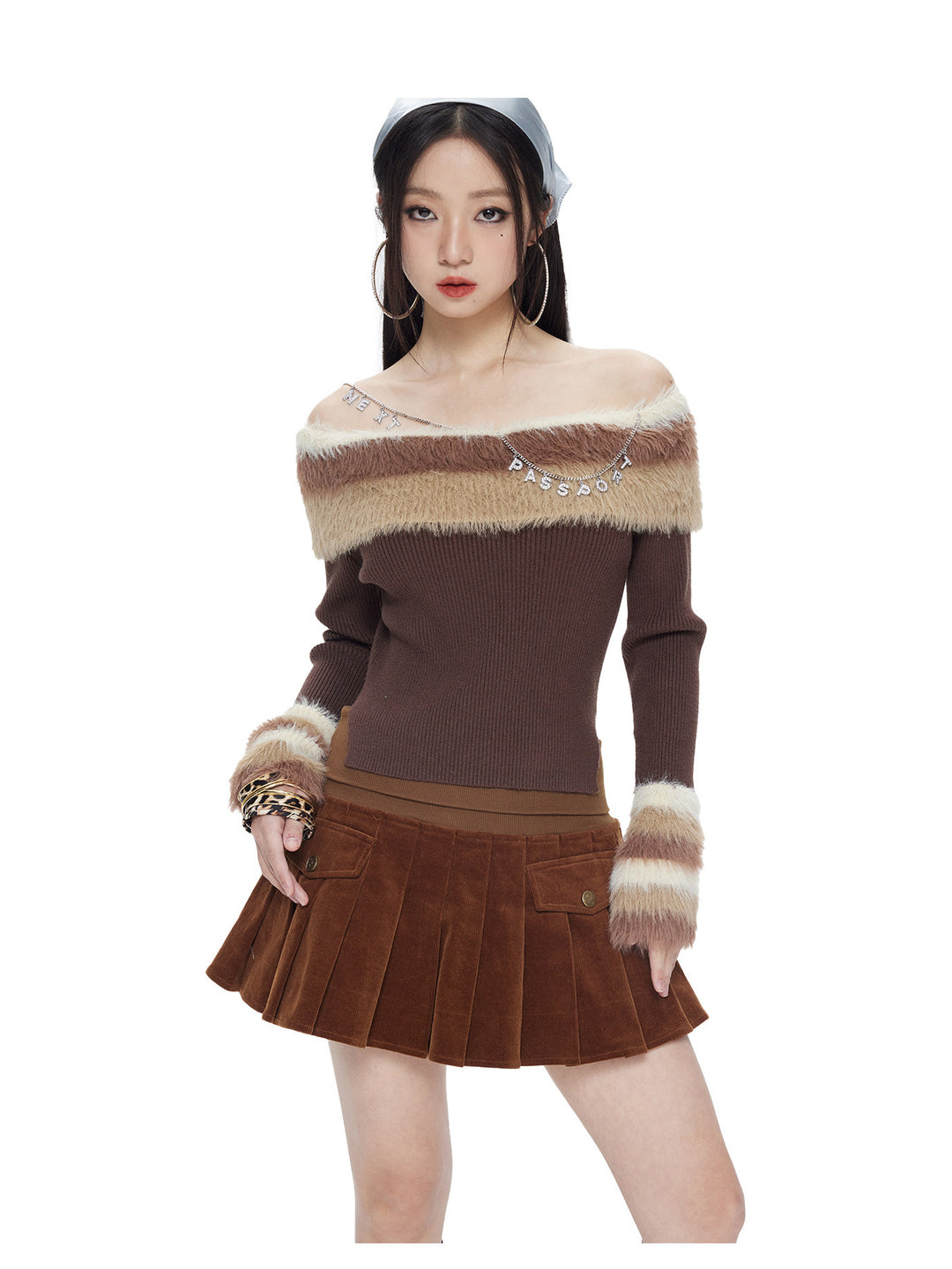 Chocolate brown corduroy pleated mini skirt modeled detail