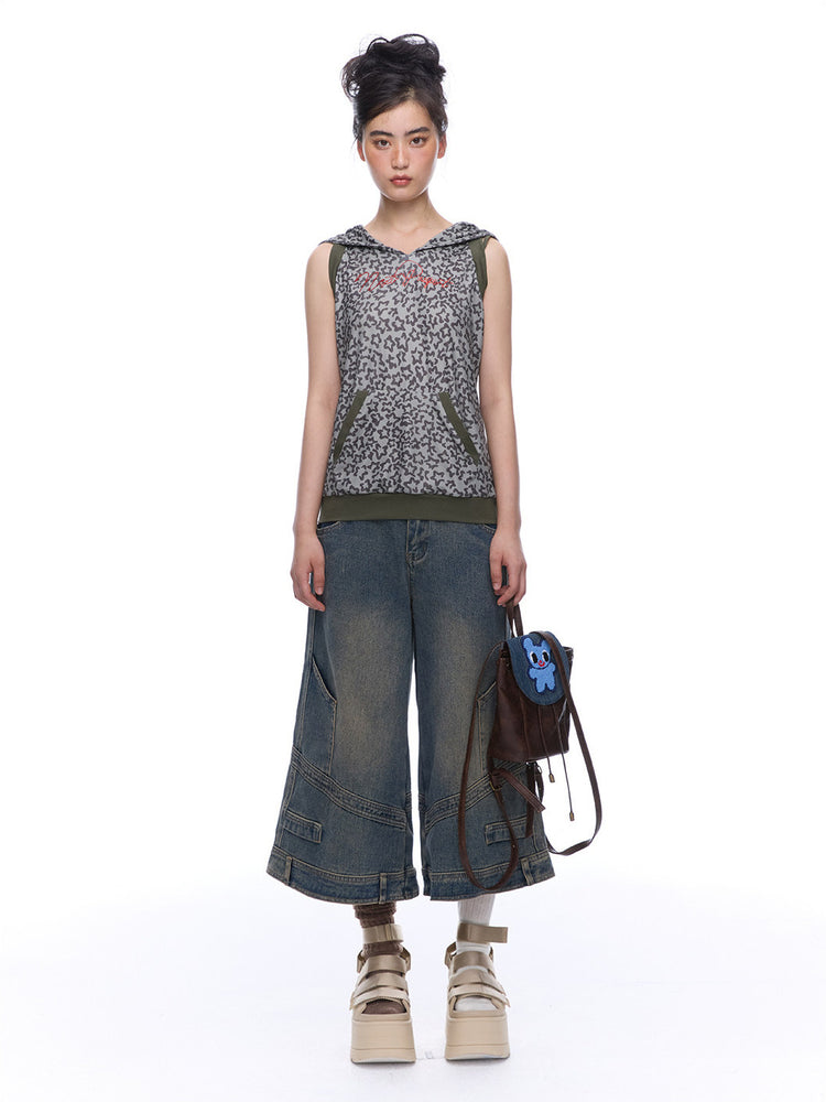 Second front view of NEXT PASSPORT deconstructed wide-leg denim capri pants