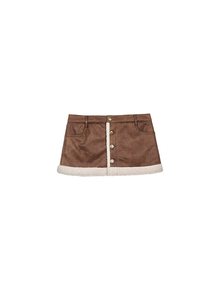 NEXT PASSPORT faux-shearling trim suede-effect mini skirt brown flat lay