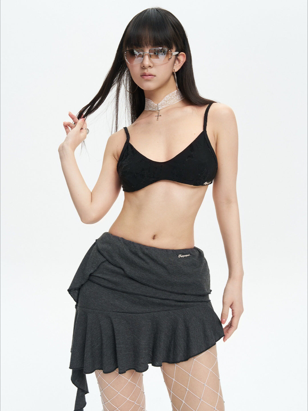 NEXT PASSPORT gray ruffle-ribbon asymmetric mini skirt three-quarter front view
