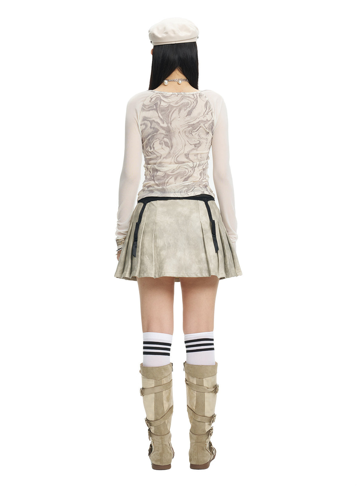 Rear studio view of the NEXT PASSPORT light-gray marble-print diagonal-neck mesh top.