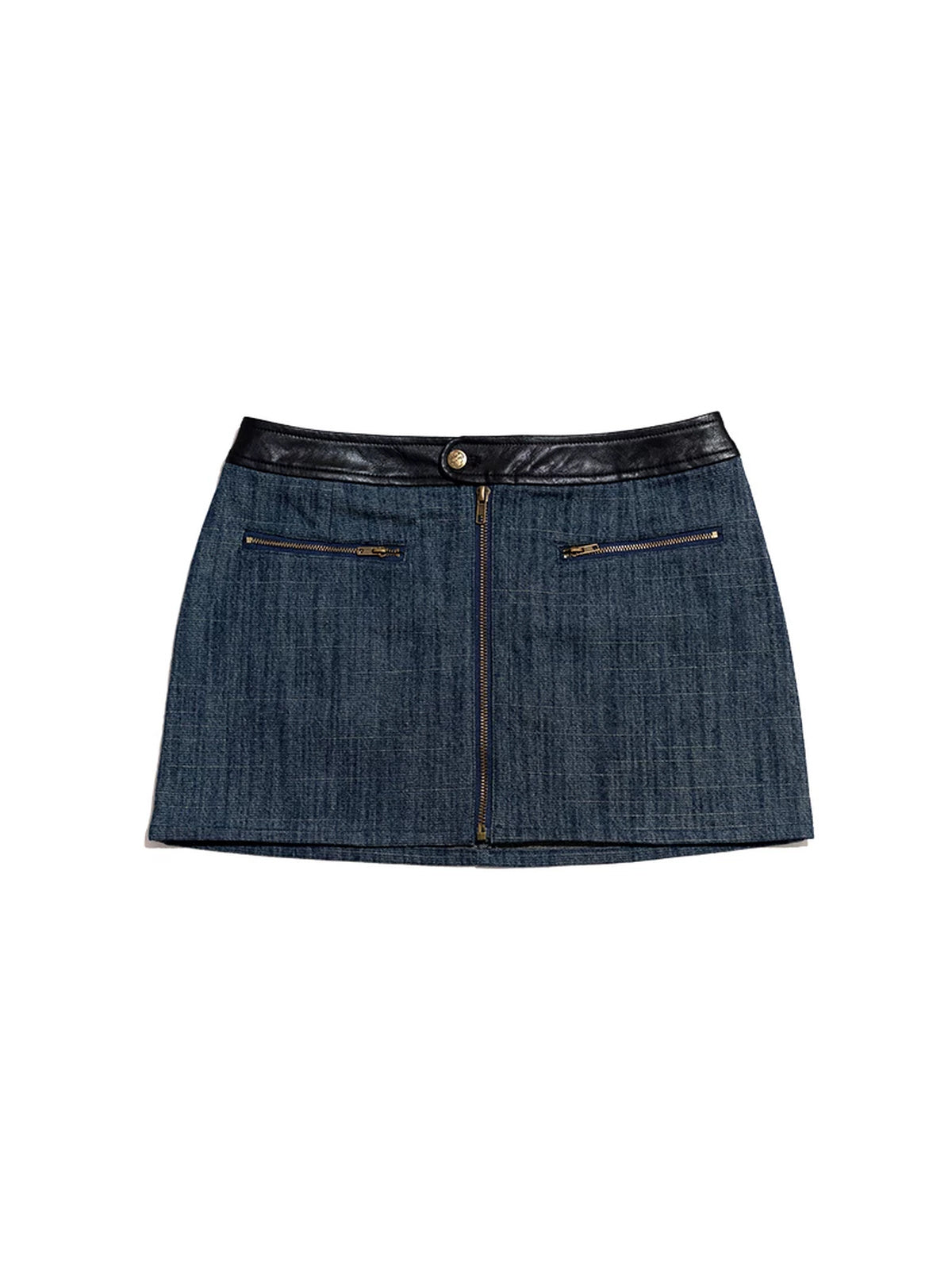 NEXT PASSPORT blue-denim faux-leather waist zip mini skirt isolated front flat lay.