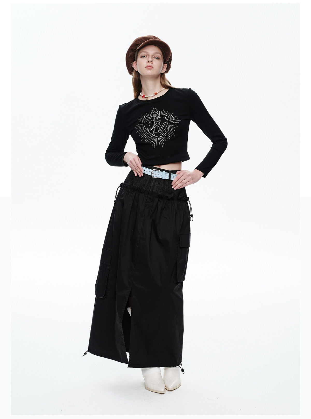 NEXT PASSPORT black faux-layered cargo maxi skirt side look